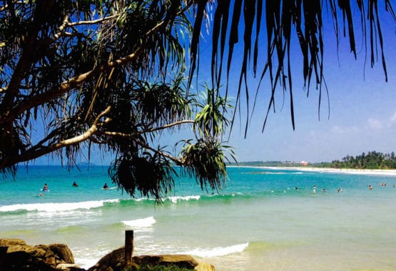 Bentota beach with waves palm trees blue skies