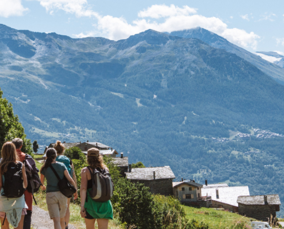 people in group hiking french alps